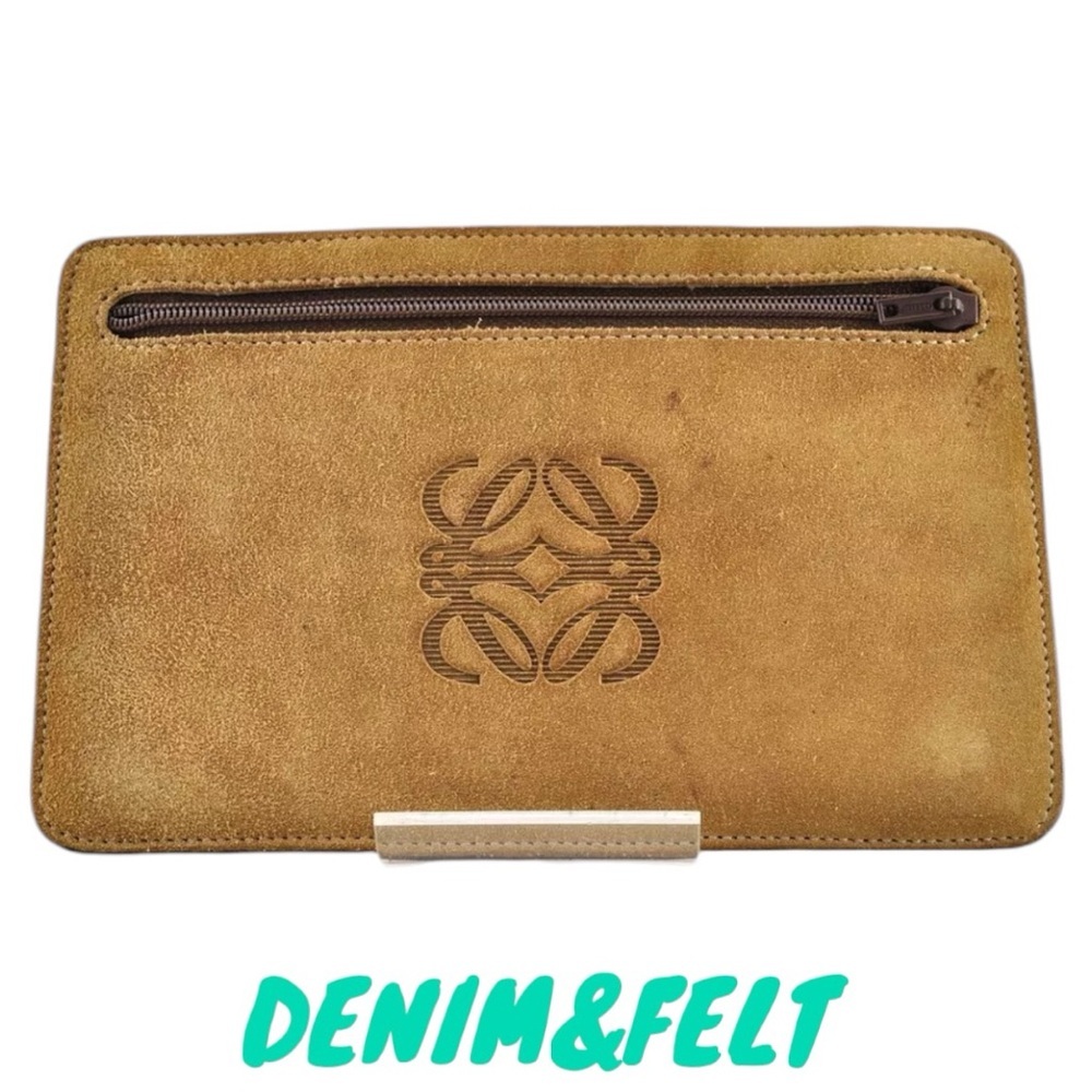 Loewe Anagram Suede Leather Pouch Brown Tan Zip Clutch Travel Case Minimalist